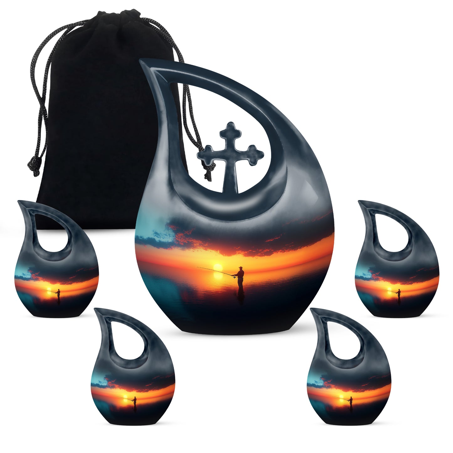 Navy Blue Fishing Cremation Urn urn with complimentary velvet bag - cross and fishing combined in spiritual memorial design - memorial set with one large and four small urns