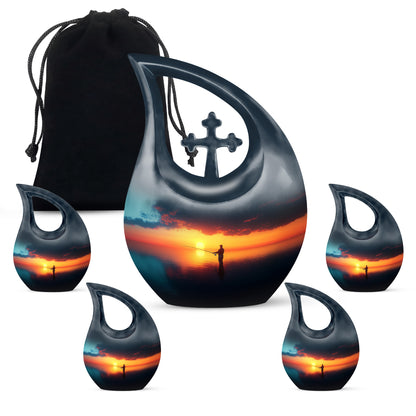 Navy Blue Fishing Cremation Urn urn with complimentary velvet bag - cross and fishing combined in spiritual memorial design - memorial set with one large and four small urns