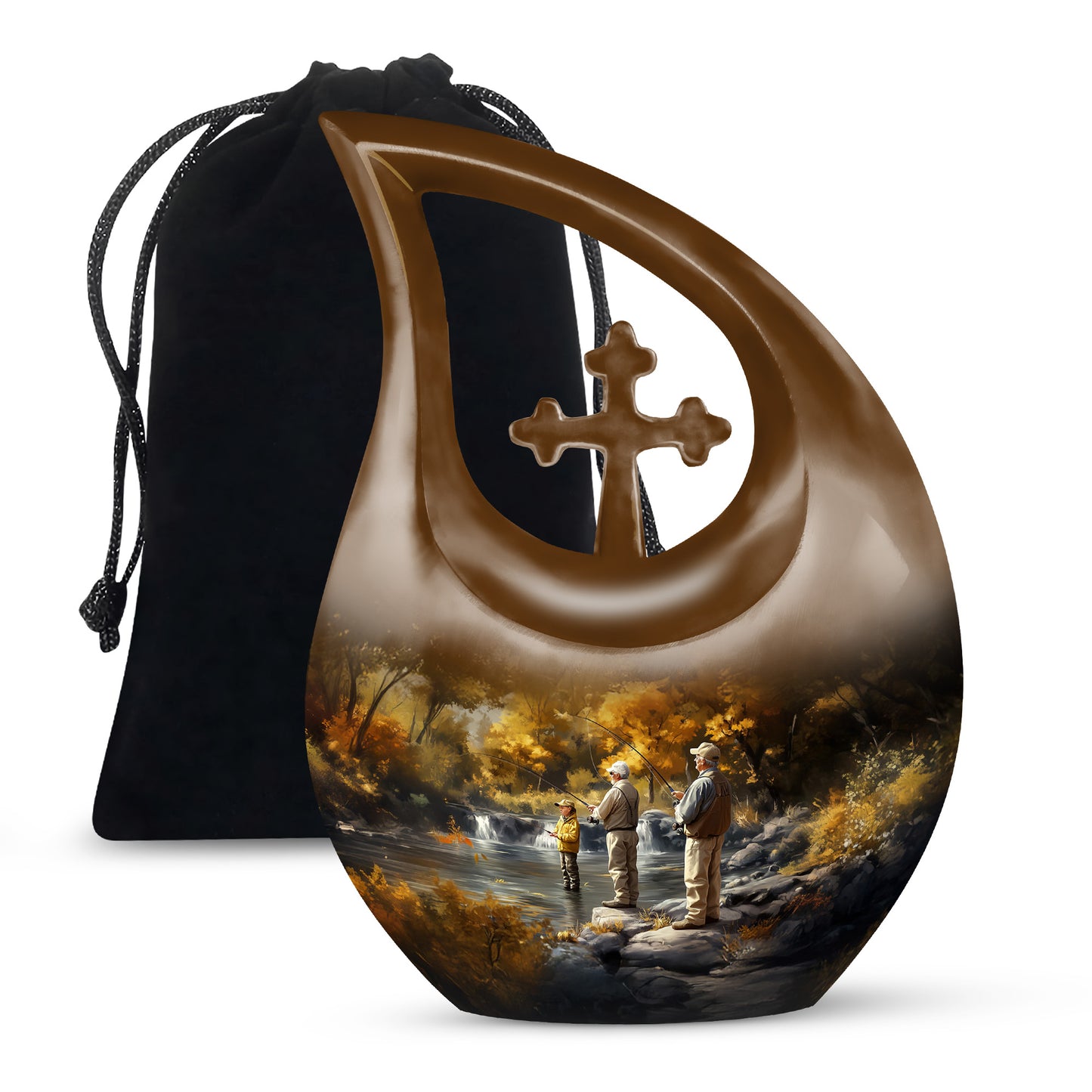 Gilded Gold Fishing Cremation Urn top-down view of secure threaded lid - cross and fishing combined in spiritual memorial design - full-size 10 inch 200 cubic inch adult cremation urn