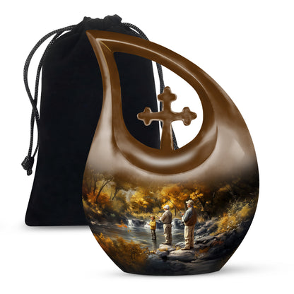 Gilded Gold Fishing Cremation Urn top-down view of secure threaded lid - cross and fishing combined in spiritual memorial design - full-size 10 inch 200 cubic inch adult cremation urn