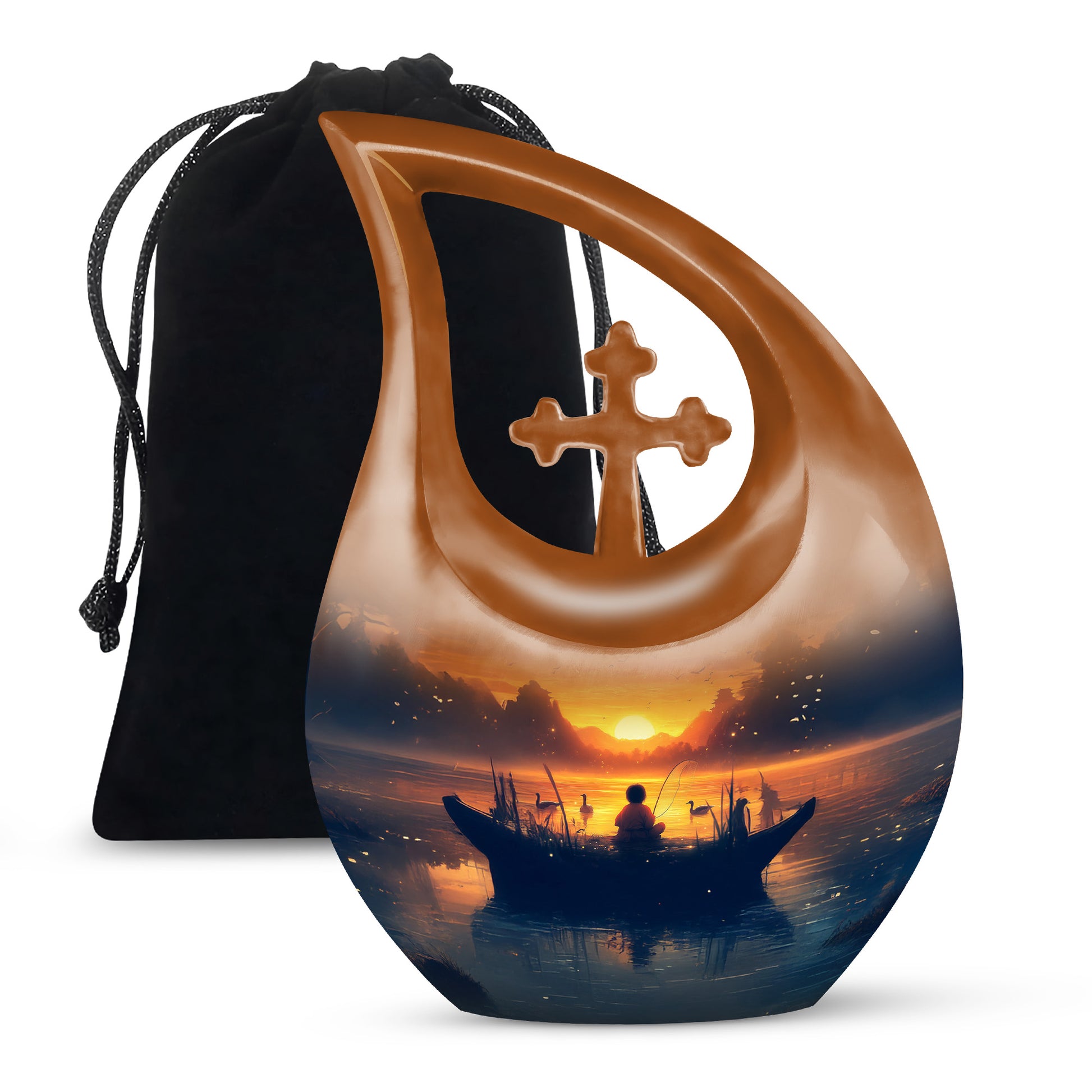 Harvest Gold Fishing Cremation Urn top-down view of secure threaded lid - faith-inspired cross-drop urn with fishing pattern - full-size 10 inch 200 cubic inch adult cremation urn