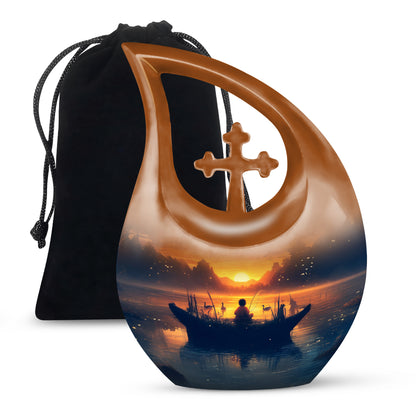Harvest Gold Fishing Cremation Urn top-down view of secure threaded lid - faith-inspired cross-drop urn with fishing pattern - full-size 10 inch 200 cubic inch adult cremation urn