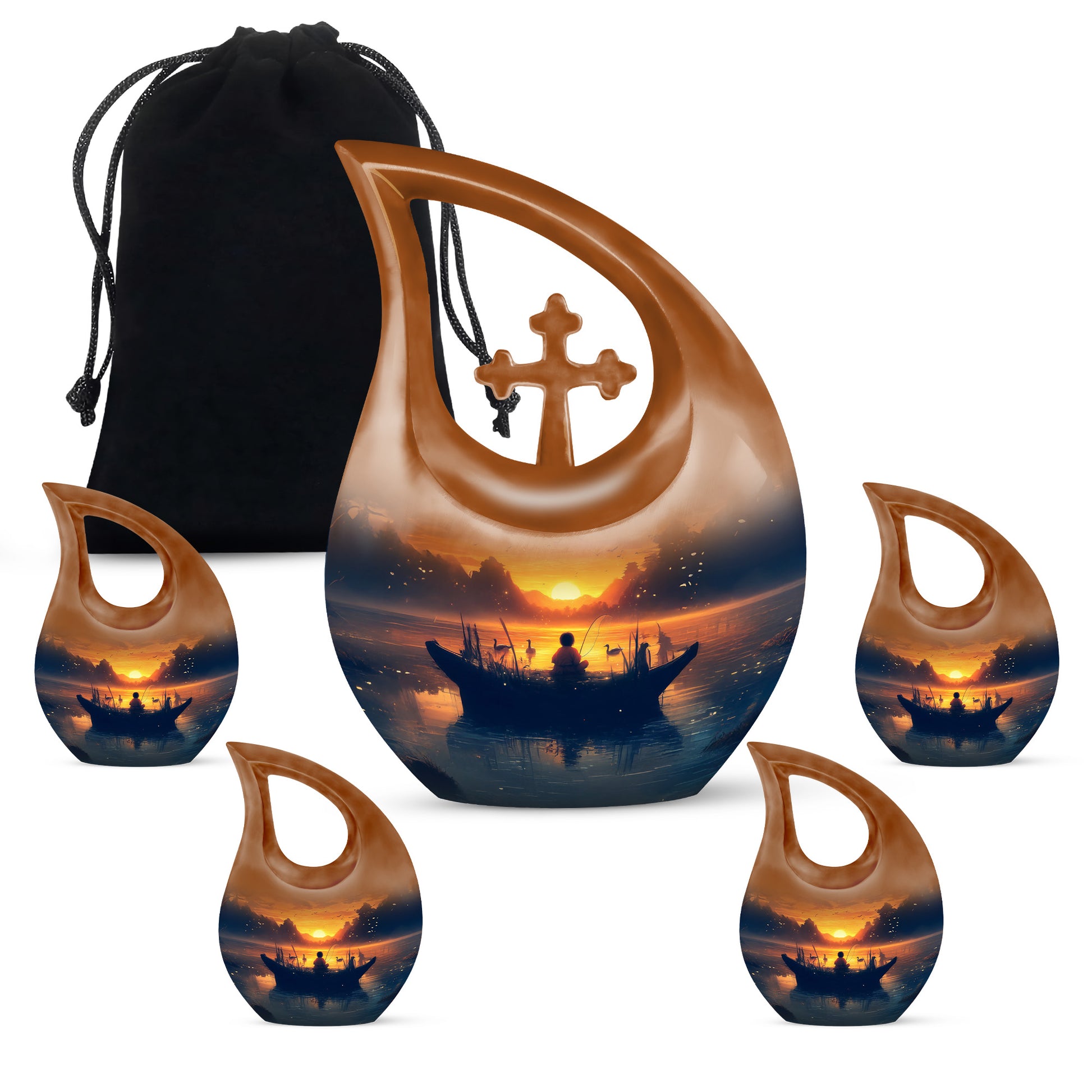 Royal Gold Fishing Cremation Urn urn with complimentary velvet bag - devotional cross-drop fishing engraving - memorial set with one large and four small urns