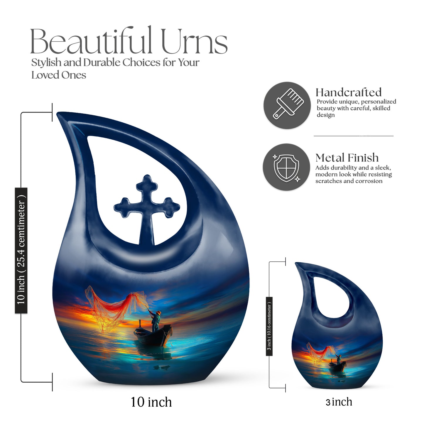Bright Blue Fishing Cremation Urn back view with polished surface - devotional cross-drop fishing engraving - mini keepsake memorial for portion of cremation ashes