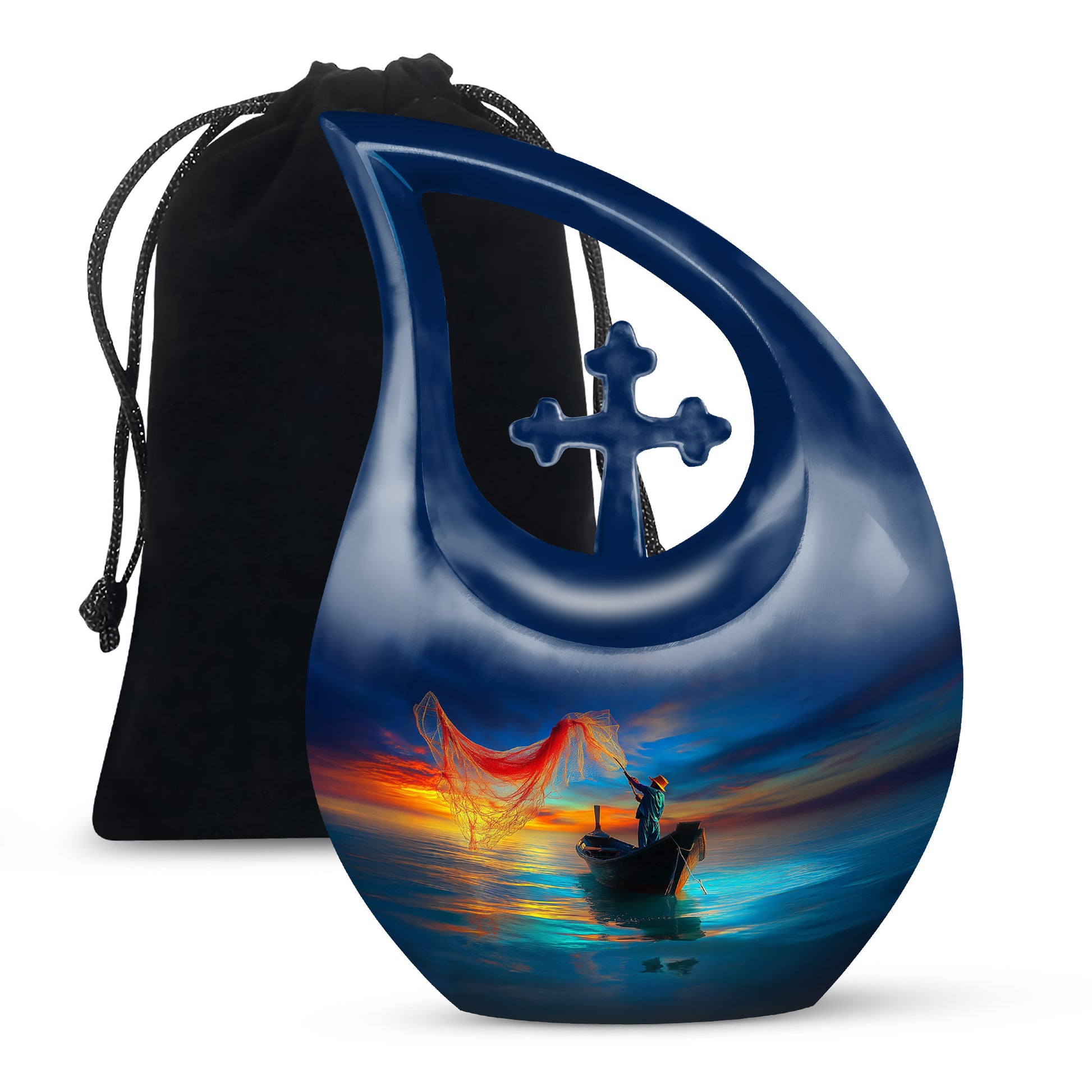 Dusty Blue Fishing Cremation Urn top-down view of secure threaded lid - cross and fishing combined in spiritual memorial design - full-size 10 inch 200 cubic inch adult cremation urn