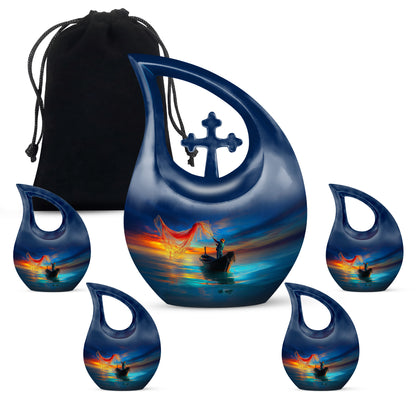Cobalt Blue Fishing Cremation Urn urn with complimentary velvet bag - faith-inspired cross-drop urn with fishing pattern - memorial set with one large and four small urns