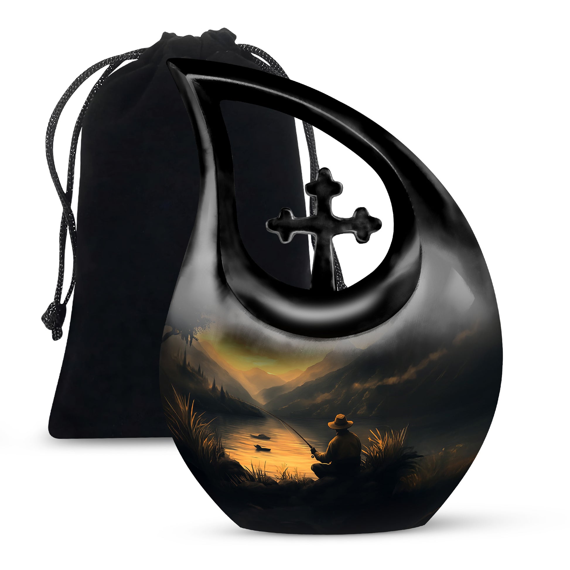 Sunrise Gold Fishing Cremation Urn top-down view of secure threaded lid - cross and fishing combined in spiritual memorial design - full-size 10 inch 200 cubic inch adult cremation urn
