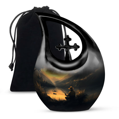Sunrise Gold Fishing Cremation Urn top-down view of secure threaded lid - cross and fishing combined in spiritual memorial design - full-size 10 inch 200 cubic inch adult cremation urn