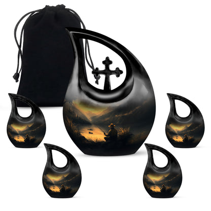 Burnished Gold Fishing Cremation Urn urn with complimentary velvet bag - devotional cross-drop fishing engraving - memorial set with one large and four small urns