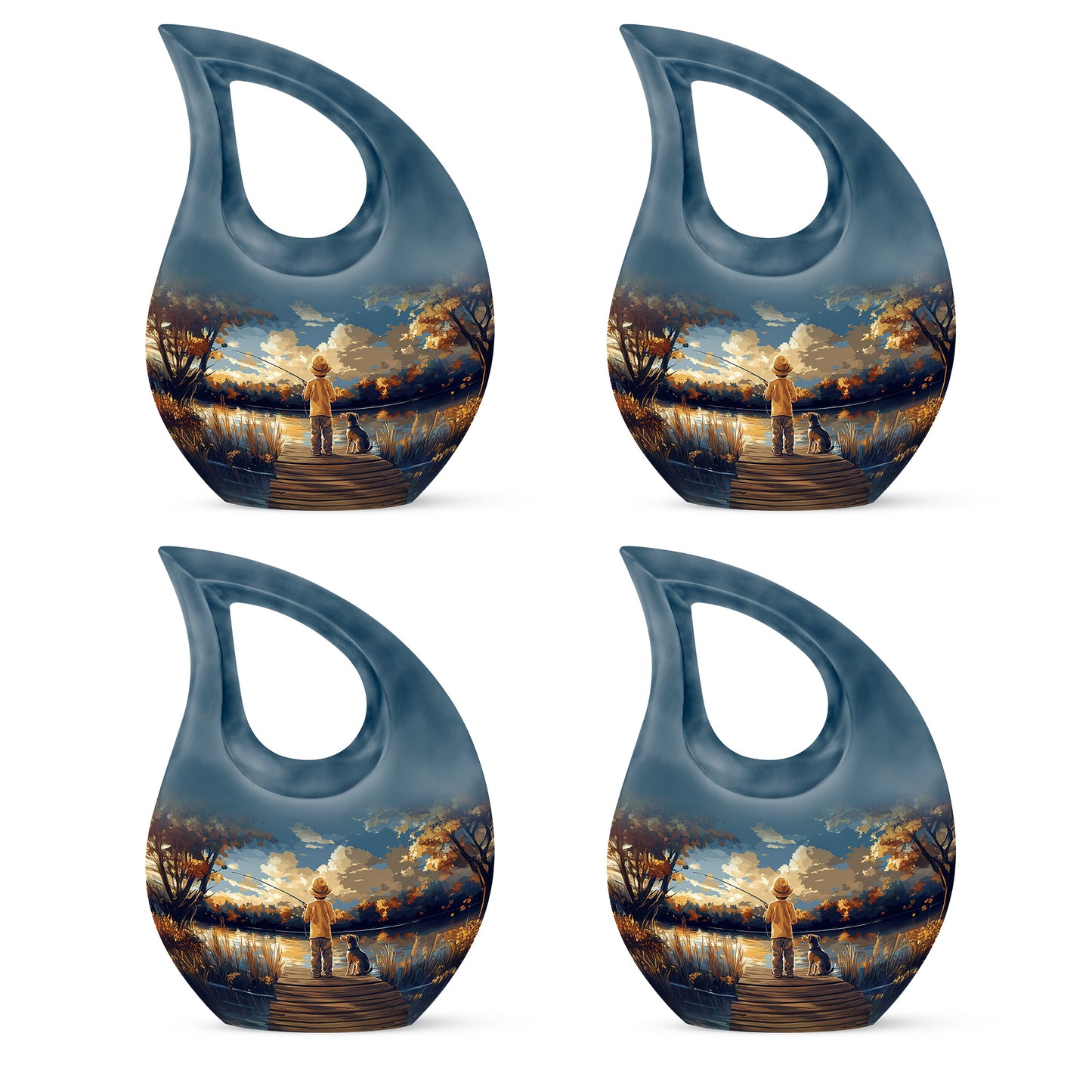 Indigo Fishing Cremation Urn lifestyle display on memorial shelf - cross and fishing combined in spiritual memorial design - 10 inch aluminum urn for cremated remains
