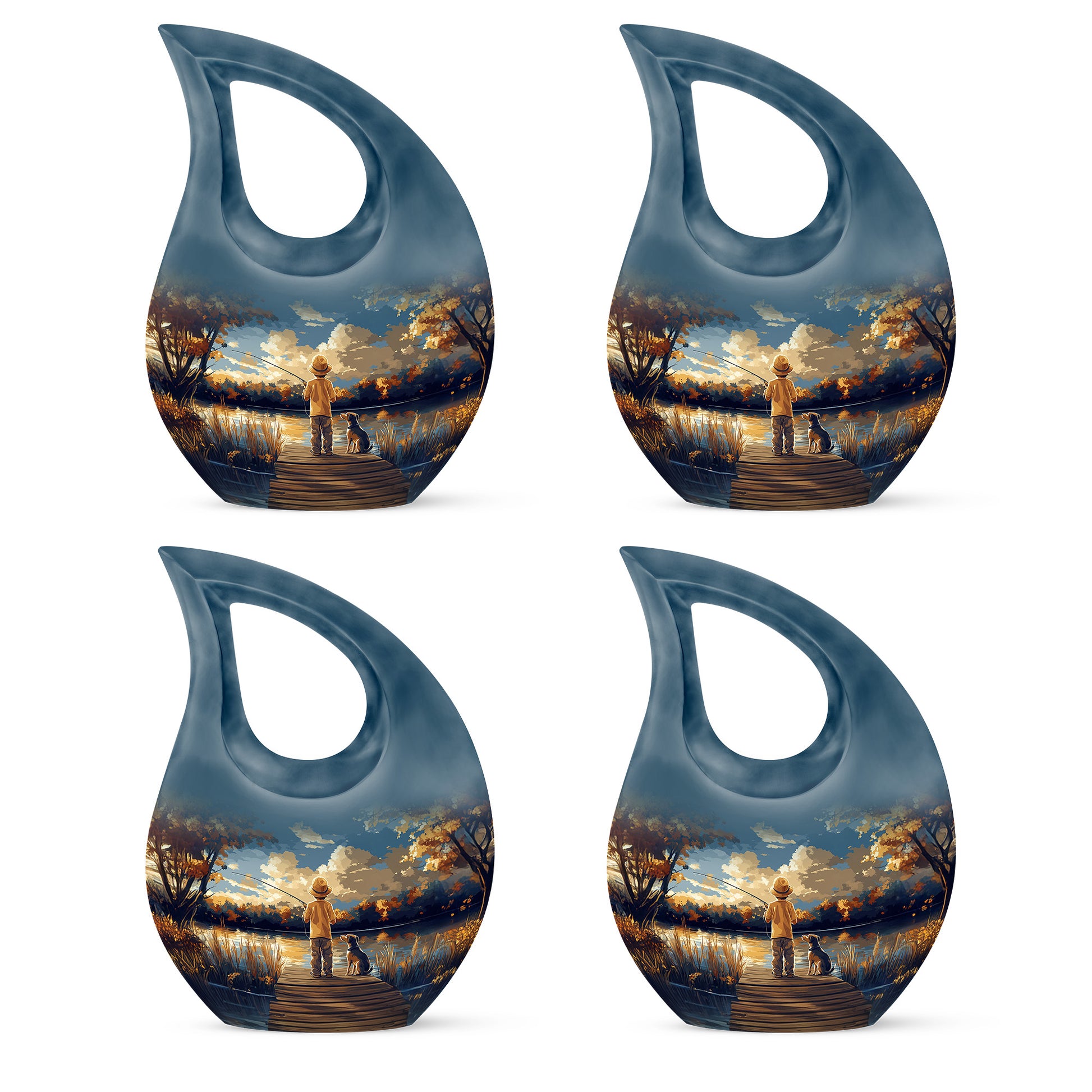 Indigo Fishing Cremation Urn lifestyle display on memorial shelf - cross and fishing combined in spiritual memorial design - 10 inch aluminum urn for cremated remains