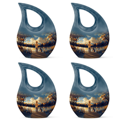 Indigo Fishing Cremation Urn lifestyle display on memorial shelf - cross and fishing combined in spiritual memorial design - 10 inch aluminum urn for cremated remains