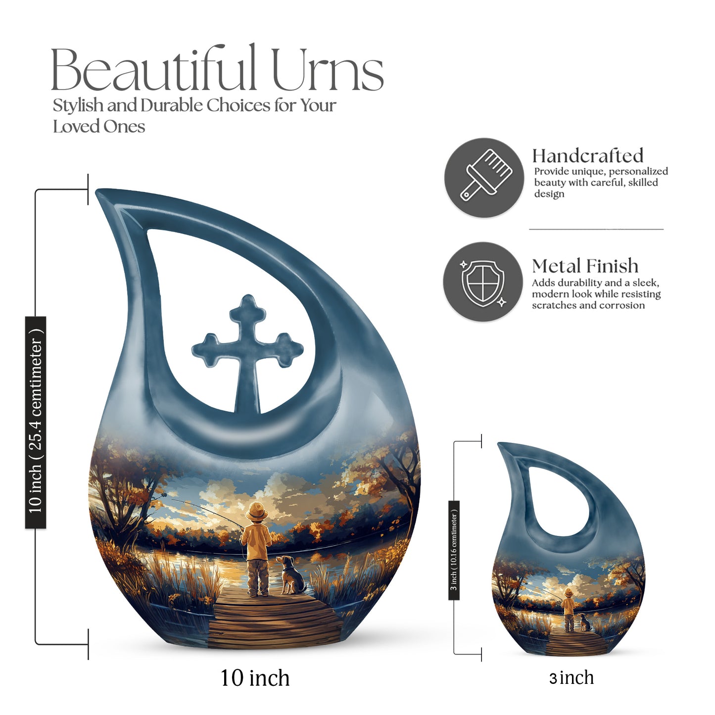 Twilight Blue Fishing Cremation Urn back view with polished surface - devotional cross-drop fishing engraving - mini keepsake memorial for portion of cremation ashes
