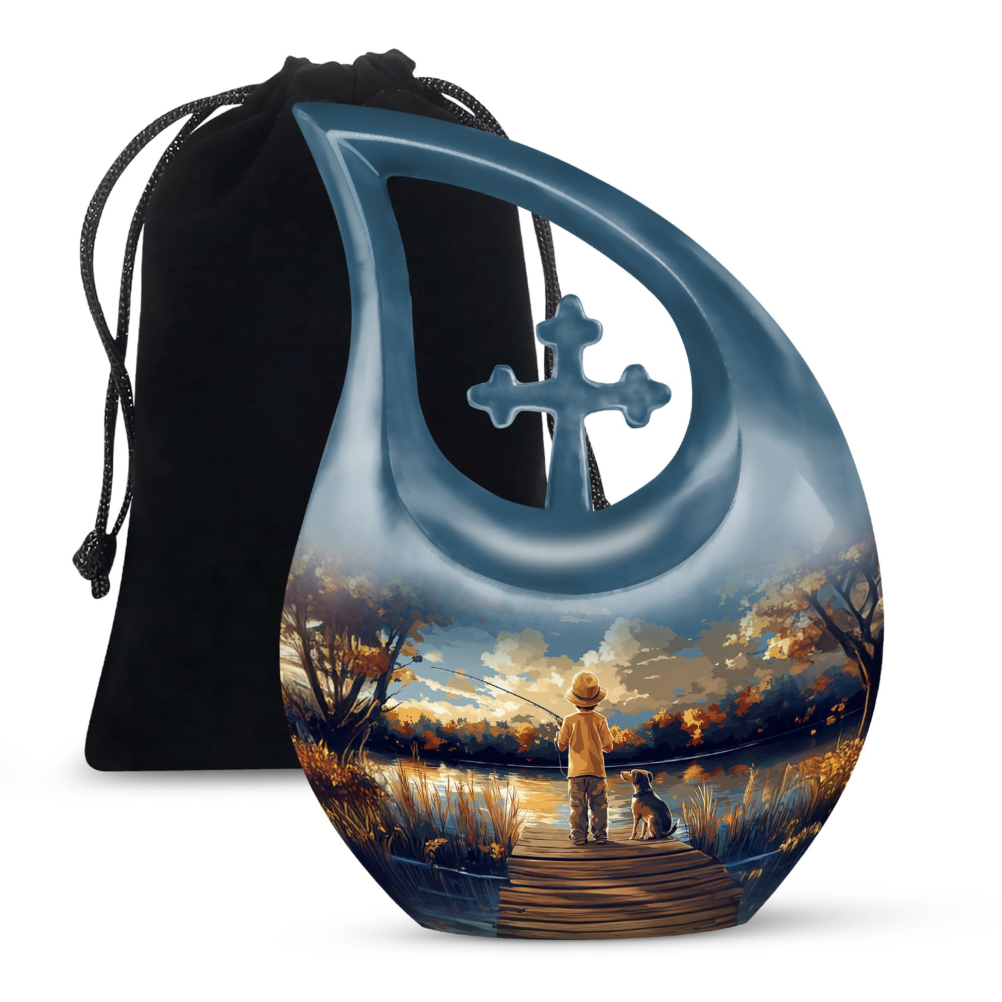Icy Blue Fishing Cremation Urn top-down view of secure threaded lid - cross and fishing combined in spiritual memorial design - full-size 10 inch 200 cubic inch adult cremation urn