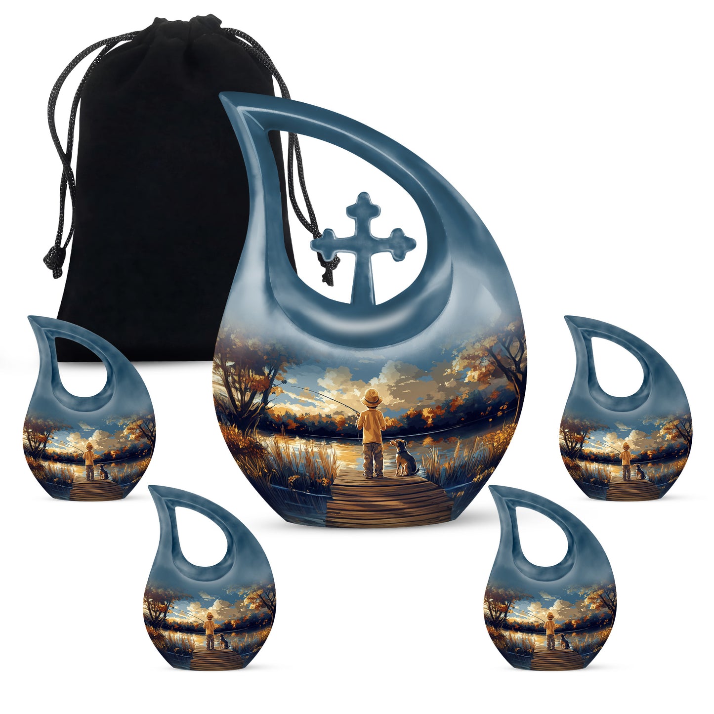 Soft Blue Fishing Cremation Urn urn with complimentary velvet bag - faith-inspired cross-drop urn with fishing pattern - memorial set with one large and four small urns