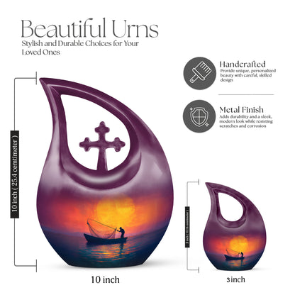 Petal Pink Fishing Cremation Urn back view with polished surface - faith-inspired cross-drop urn with fishing pattern - mini keepsake memorial for portion of cremation ashes