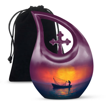 Salmon Pink Fishing Cremation Urn top-down view of secure threaded lid - faith-inspired cross-drop urn with fishing pattern - full-size 10 inch 200 cubic inch adult cremation urn