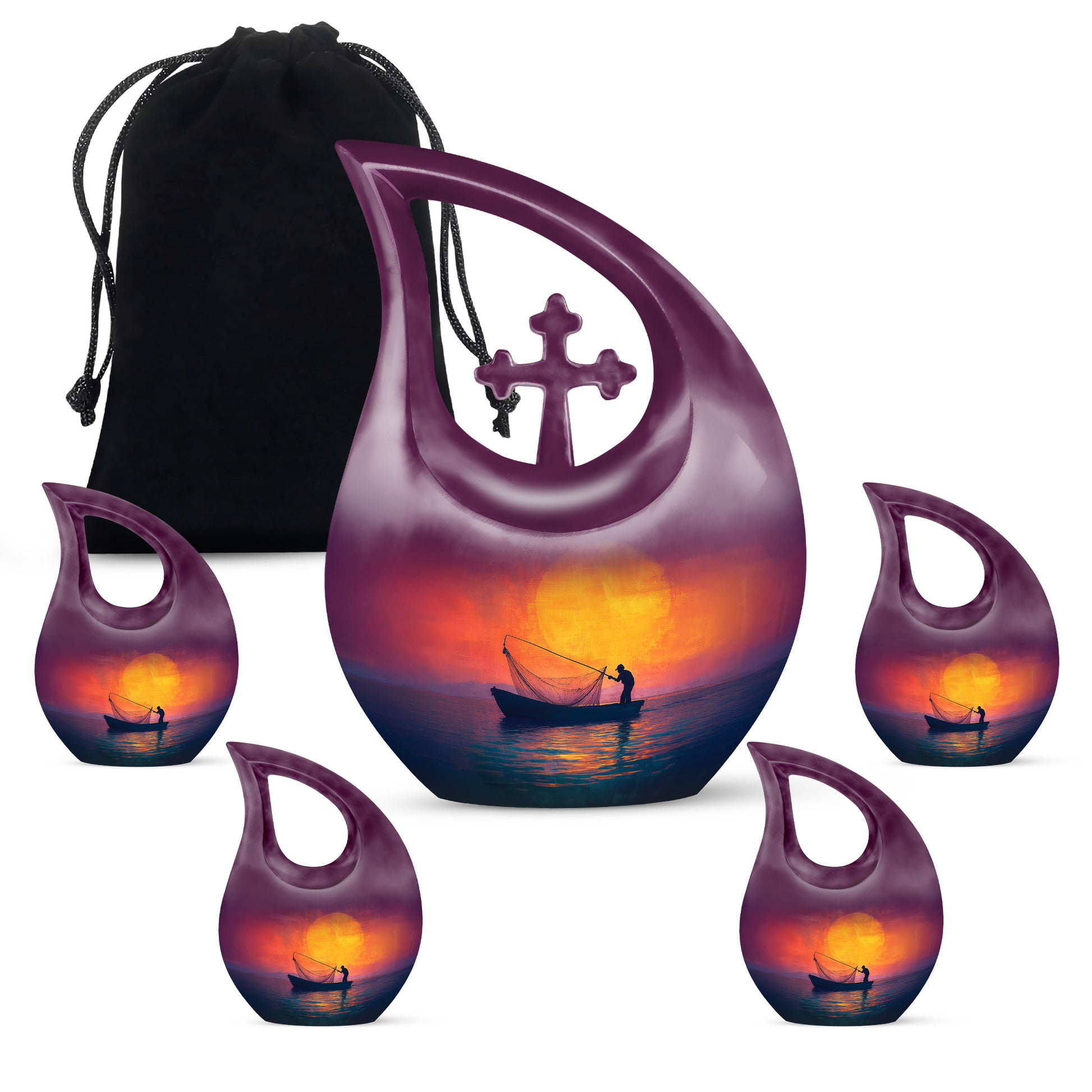 Rose Pink Fishing Cremation Urn urn with complimentary velvet bag - sacred cross merged with fishing motif on metal - memorial set with one large and four small urns