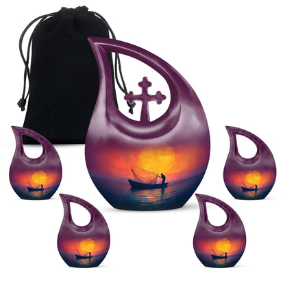 Rose Pink Fishing Cremation Urn urn with complimentary velvet bag - sacred cross merged with fishing motif on metal - memorial set with one large and four small urns
