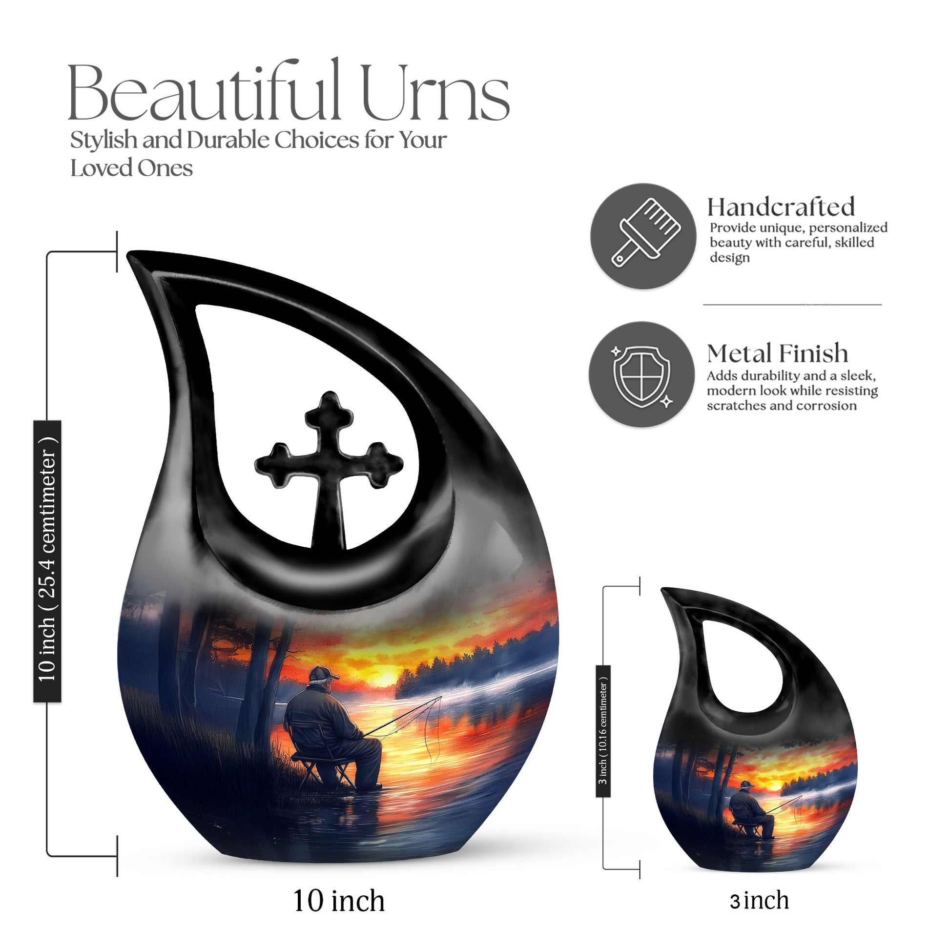 Azure Fishing Cremation Urn back view with polished surface - sacred cross merged with fishing motif on metal - mini keepsake memorial for portion of cremation ashes