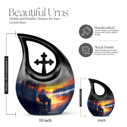 Azure Fishing Cremation Urn back view with polished surface - sacred cross merged with fishing motif on metal - mini keepsake memorial for portion of cremation ashes