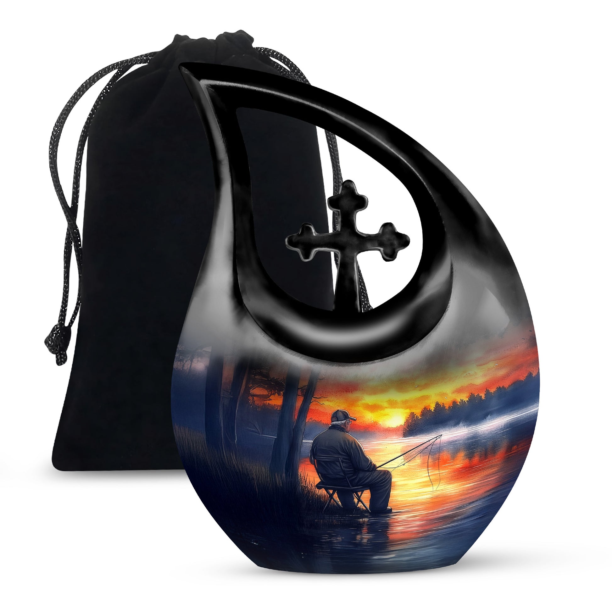 Vivid Blue Fishing Cremation Urn top-down view of secure threaded lid - devotional cross-drop fishing engraving - full-size 10 inch 200 cubic inch adult cremation urn