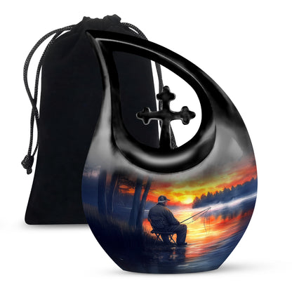 Vivid Blue Fishing Cremation Urn top-down view of secure threaded lid - devotional cross-drop fishing engraving - full-size 10 inch 200 cubic inch adult cremation urn