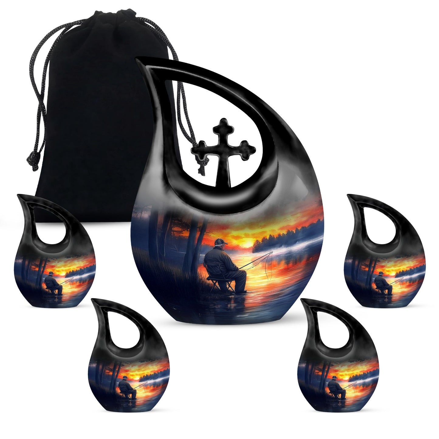 Icy Blue Fishing Cremation Urn urn with complimentary velvet bag - sacred cross merged with fishing motif on metal - memorial set with one large and four small urns