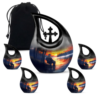 Icy Blue Fishing Cremation Urn urn with complimentary velvet bag - sacred cross merged with fishing motif on metal - memorial set with one large and four small urns