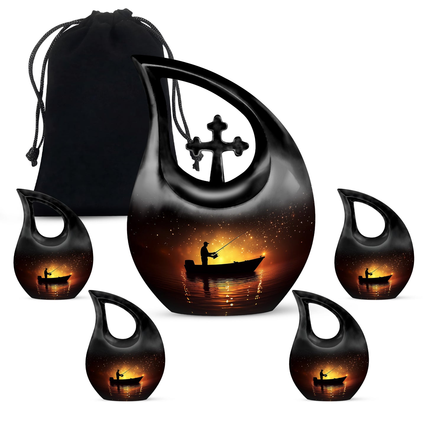 Wine Red Fishing Cremation Urn urn with complimentary velvet bag - sacred cross merged with fishing motif on metal - memorial set with one large and four small urns