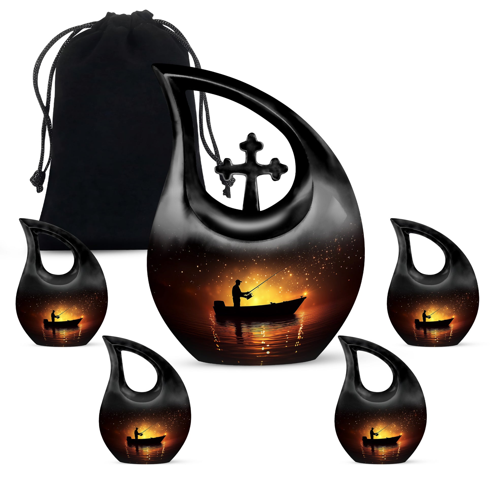 Wine Red Fishing Cremation Urn urn with complimentary velvet bag - sacred cross merged with fishing motif on metal - memorial set with one large and four small urns