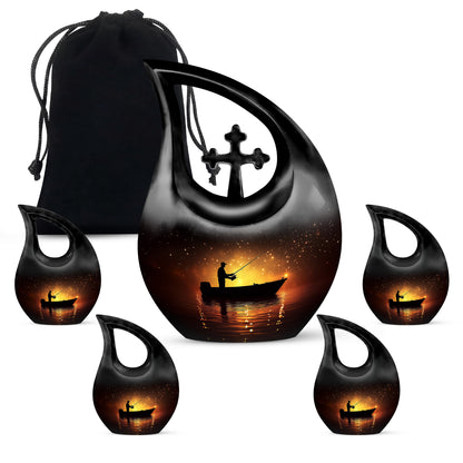 Wine Red Fishing Cremation Urn urn with complimentary velvet bag - sacred cross merged with fishing motif on metal - memorial set with one large and four small urns