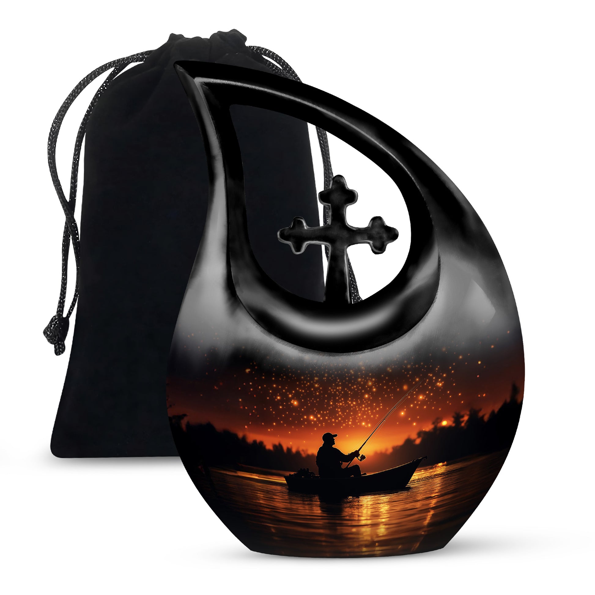 Deep Black Fishing Cremation Urn top-down view of secure threaded lid - sacred cross merged with fishing motif on metal - full-size 10 inch 200 cubic inch adult cremation urn