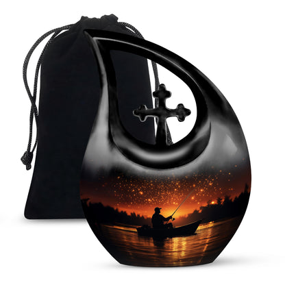 Deep Black Fishing Cremation Urn top-down view of secure threaded lid - sacred cross merged with fishing motif on metal - full-size 10 inch 200 cubic inch adult cremation urn