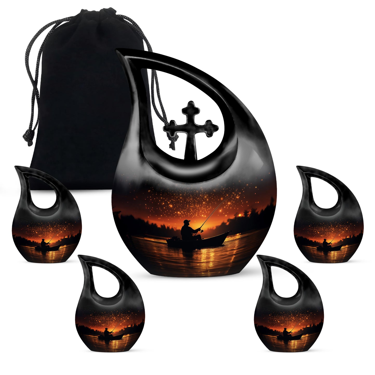 Glossy Black Fishing Cremation Urn urn with complimentary velvet bag - sacred cross merged with fishing motif on metal - memorial set with one large and four small urns