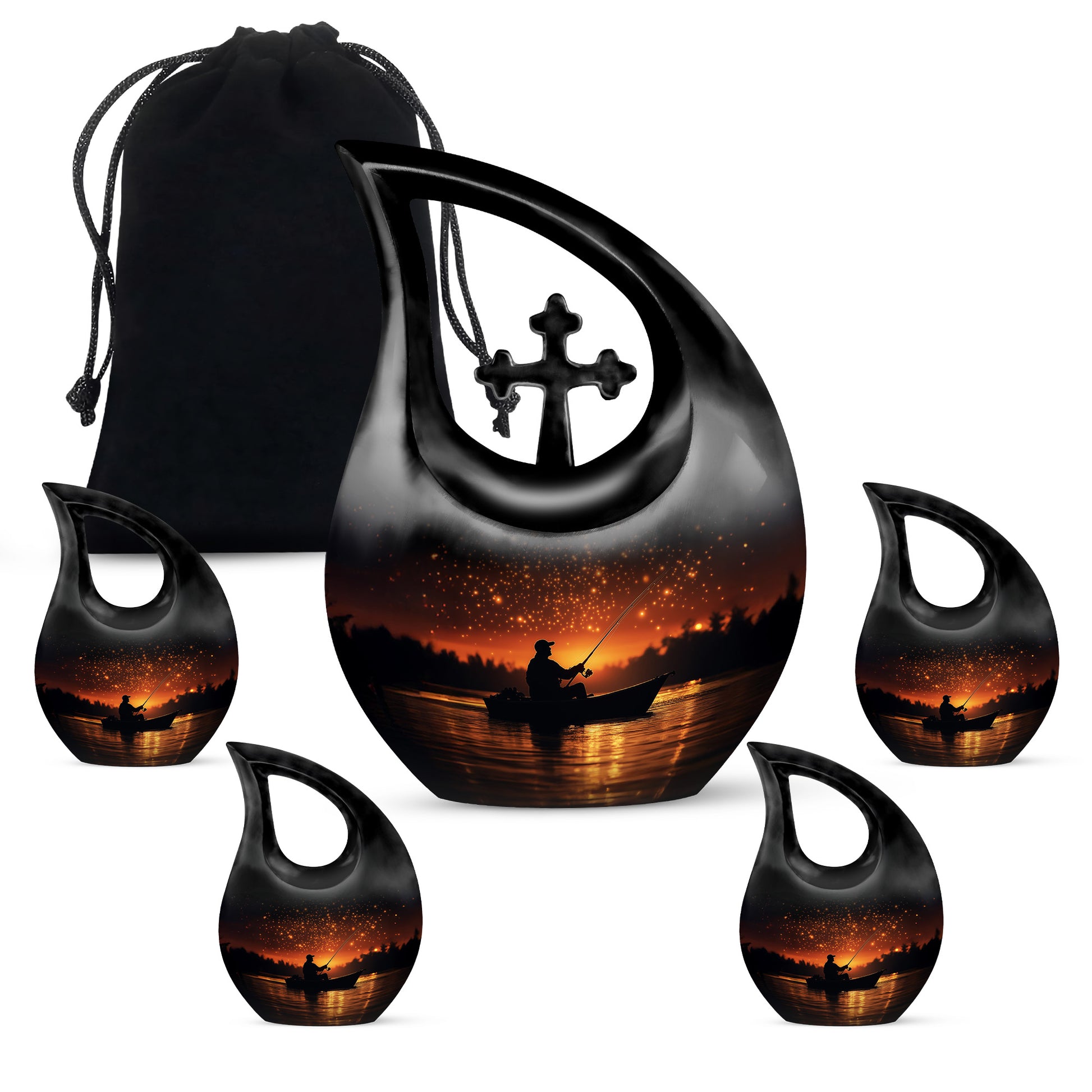 Glossy Black Fishing Cremation Urn urn with complimentary velvet bag - sacred cross merged with fishing motif on metal - memorial set with one large and four small urns