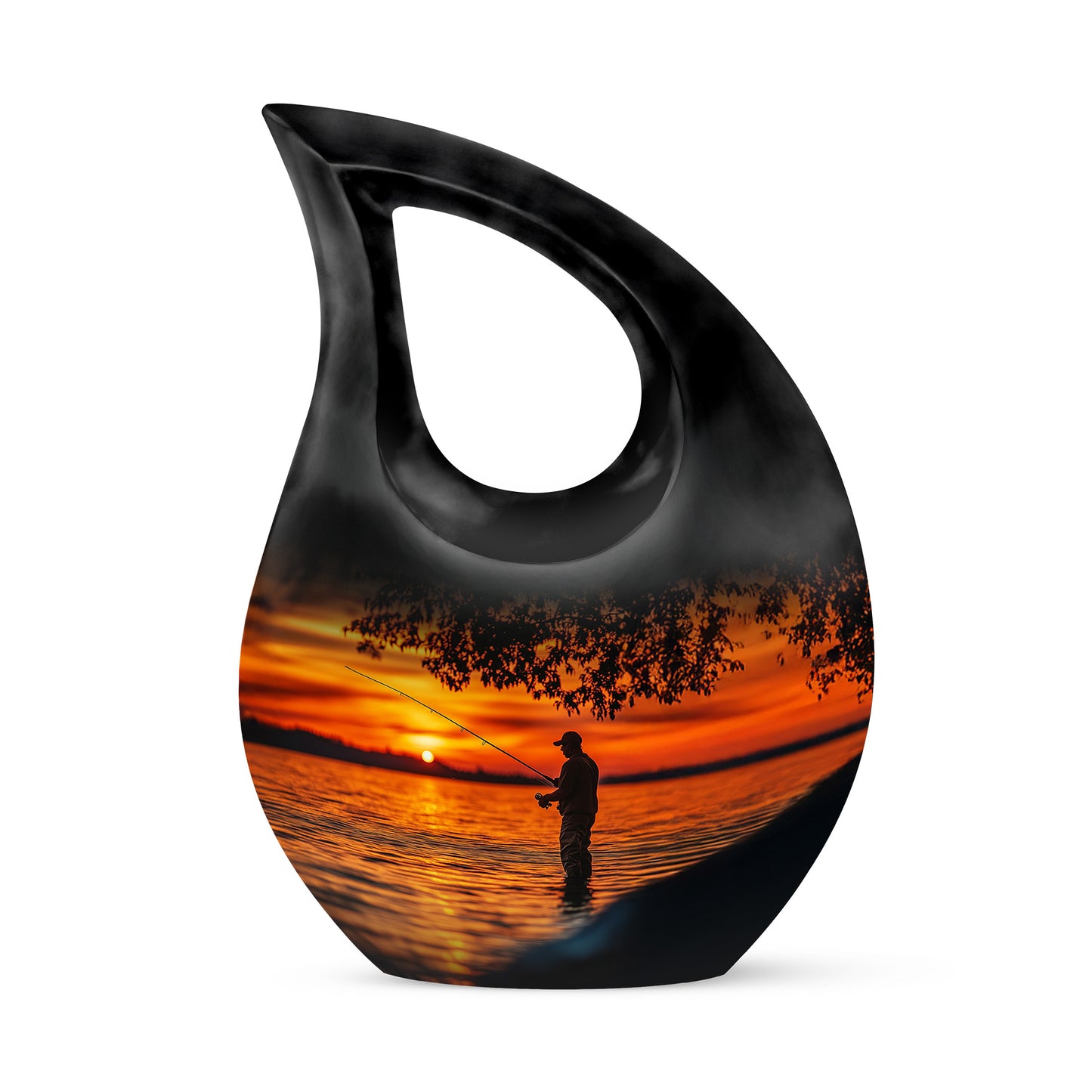 Inspiring Black Fishing Blessing Urn for Human Ashes - 10-inch, 200 cu in - Yatskia