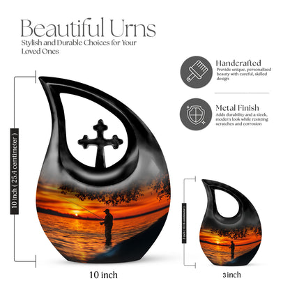 Midnight Black Fishing Cremation Urn back view with polished surface - devotional cross-drop fishing engraving - mini keepsake memorial for portion of cremation ashes