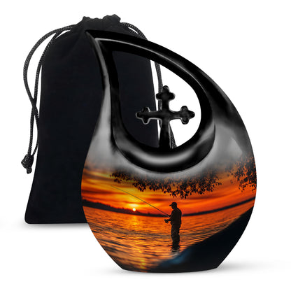 Rich Black Fishing Cremation Urn top-down view of secure threaded lid - cross and fishing combined in spiritual memorial design - full-size 10 inch 200 cubic inch adult cremation urn