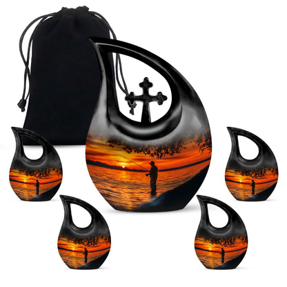 Midnight Black Fishing Cremation Urn urn with complimentary velvet bag - faith-inspired cross-drop urn with fishing pattern - memorial set with one large and four small urns