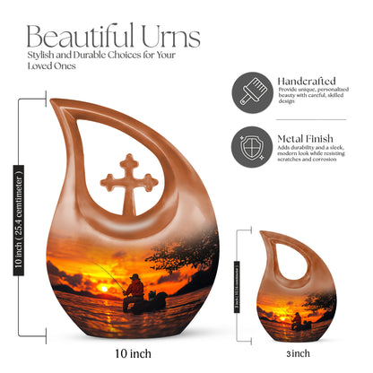 Gilded Gold Fishing Cremation Urn back view with polished surface - cross and fishing combined in spiritual memorial design - mini keepsake memorial for portion of cremation ashes