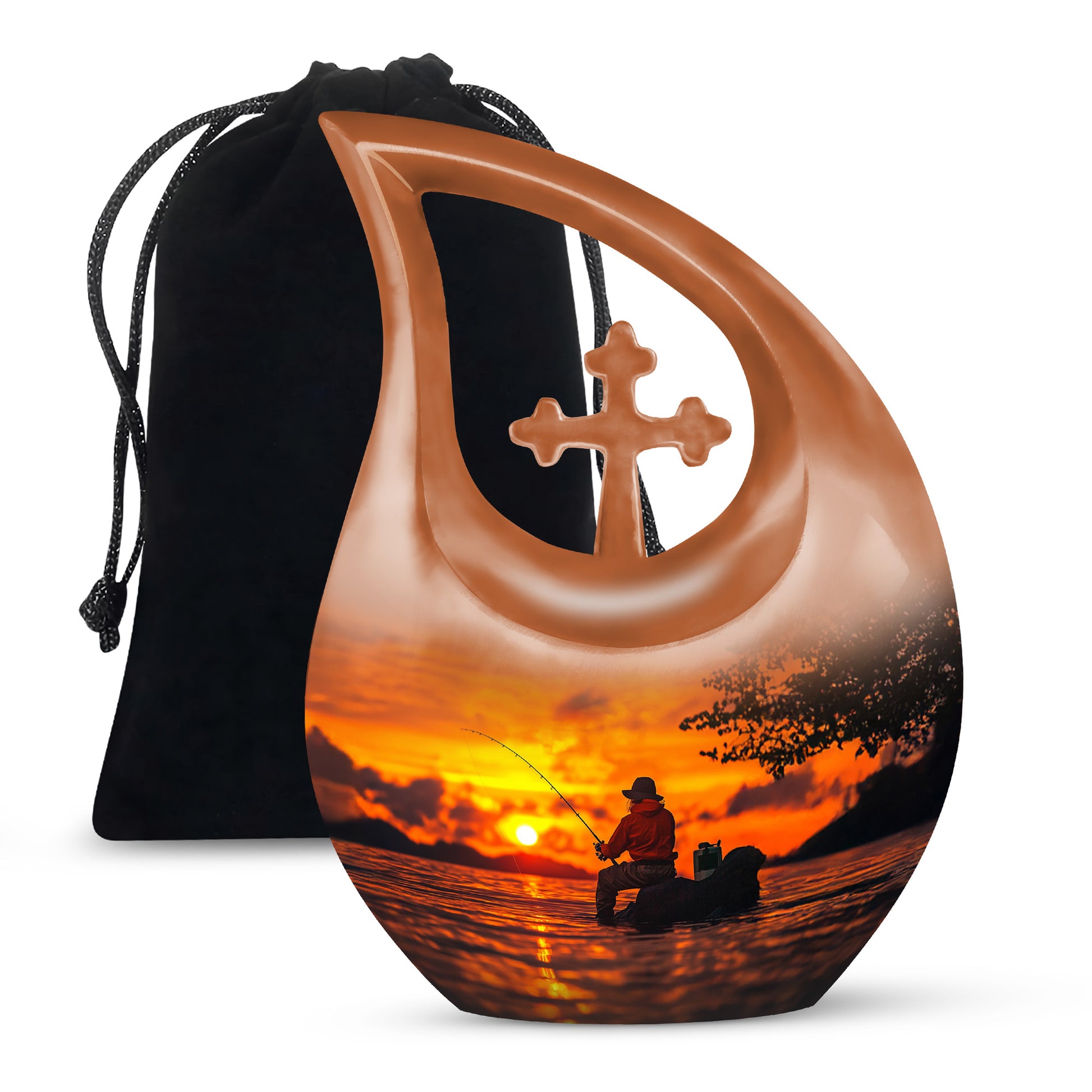 Harvest Gold Fishing Cremation Urn top-down view of secure threaded lid - devotional cross-drop fishing engraving - full-size 10 inch 200 cubic inch adult cremation urn