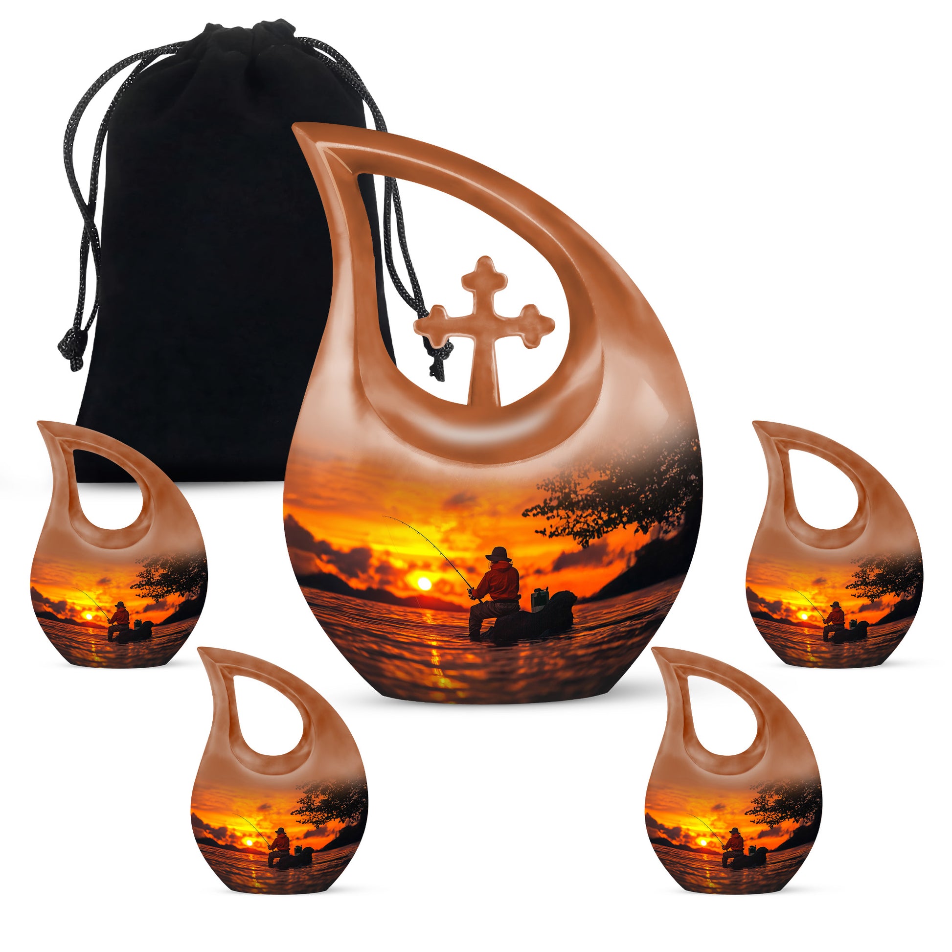 Sunrise Gold Fishing Cremation Urn urn with complimentary velvet bag - cross and fishing combined in spiritual memorial design - memorial set with one large and four small urns