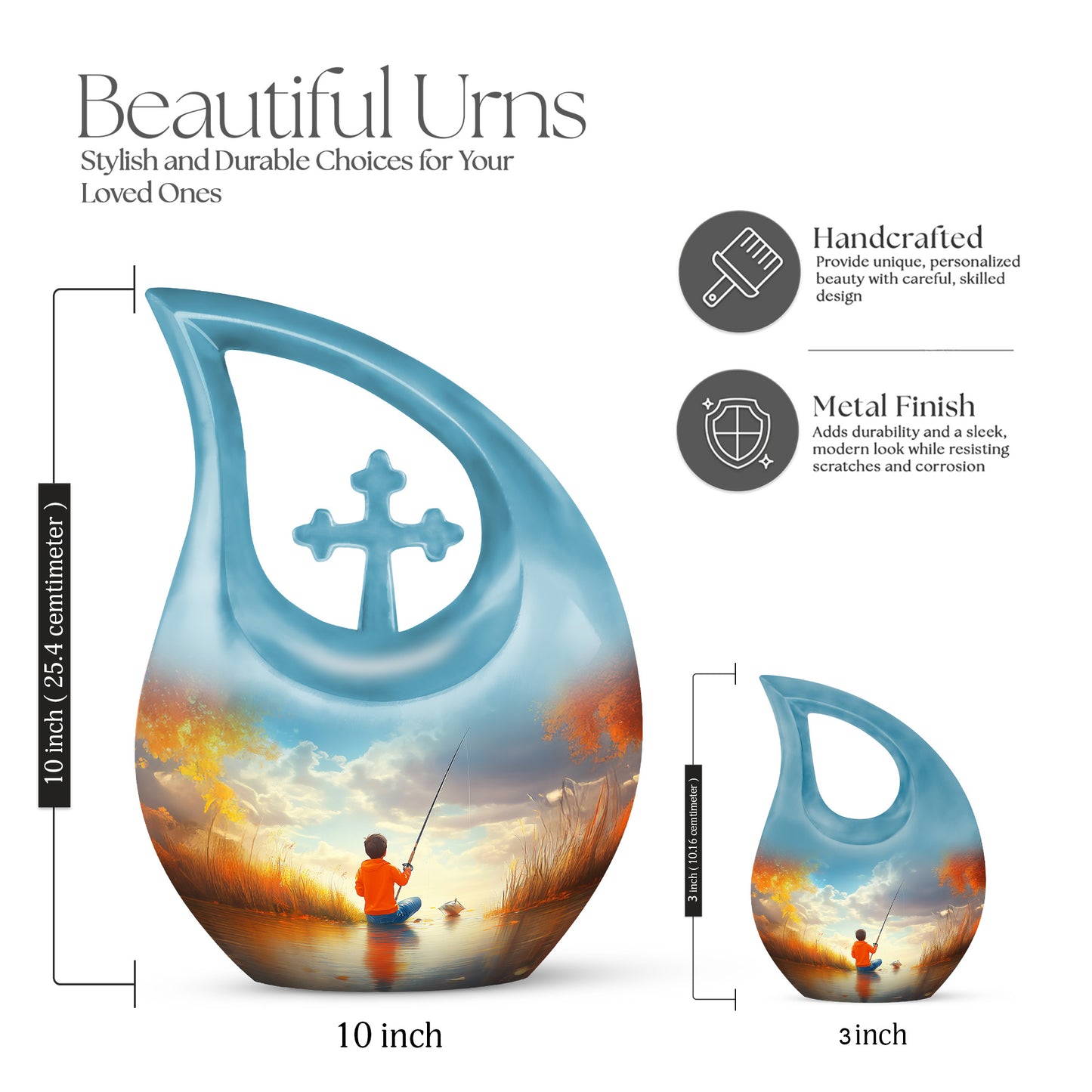 Deep Teal Fishing Cremation Urn back view with polished surface - devotional cross-drop fishing engraving - mini keepsake memorial for portion of cremation ashes