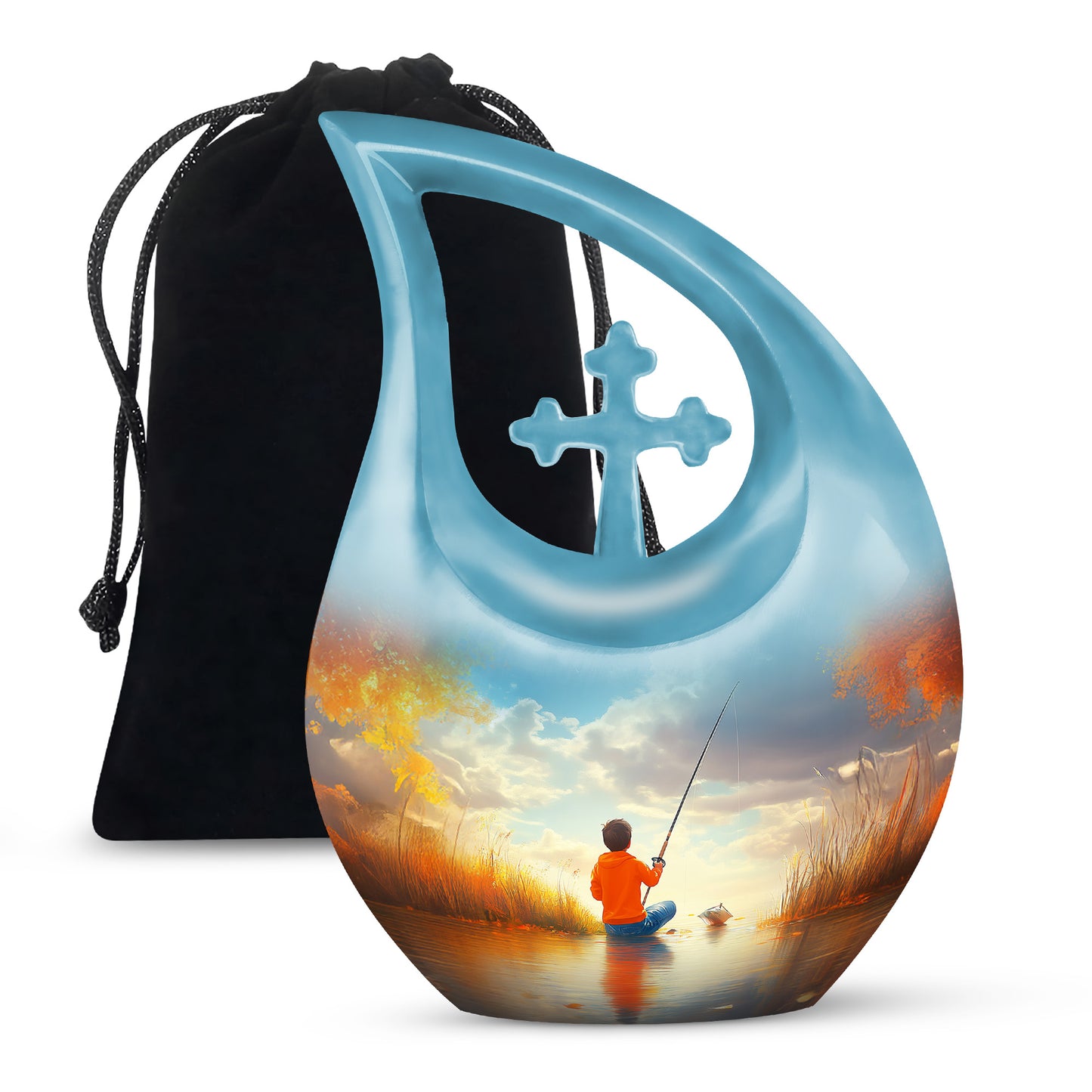 Aqua Teal Fishing Cremation Urn top-down view of secure threaded lid - devotional cross-drop fishing engraving - full-size 10 inch 200 cubic inch adult cremation urn