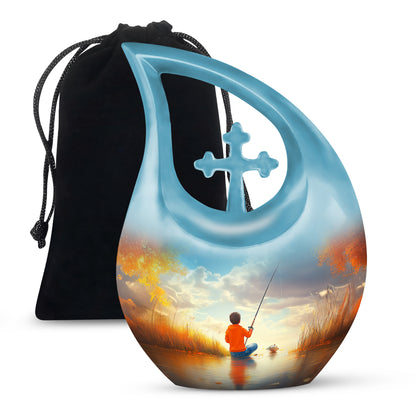 Aqua Teal Fishing Cremation Urn top-down view of secure threaded lid - devotional cross-drop fishing engraving - full-size 10 inch 200 cubic inch adult cremation urn