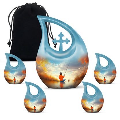 Tropical Teal Fishing Cremation Urn urn with complimentary velvet bag - devotional cross-drop fishing engraving - memorial set with one large and four small urns