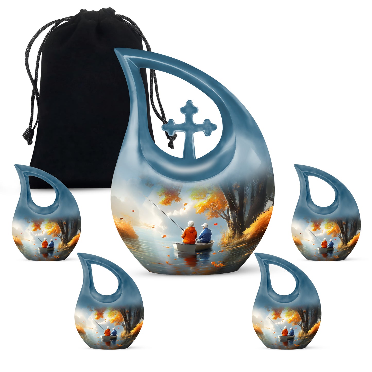 Harvest Gold Fishing Cremation Urn urn with complimentary velvet bag - faith-inspired cross-drop urn with fishing pattern - memorial set with one large and four small urns
