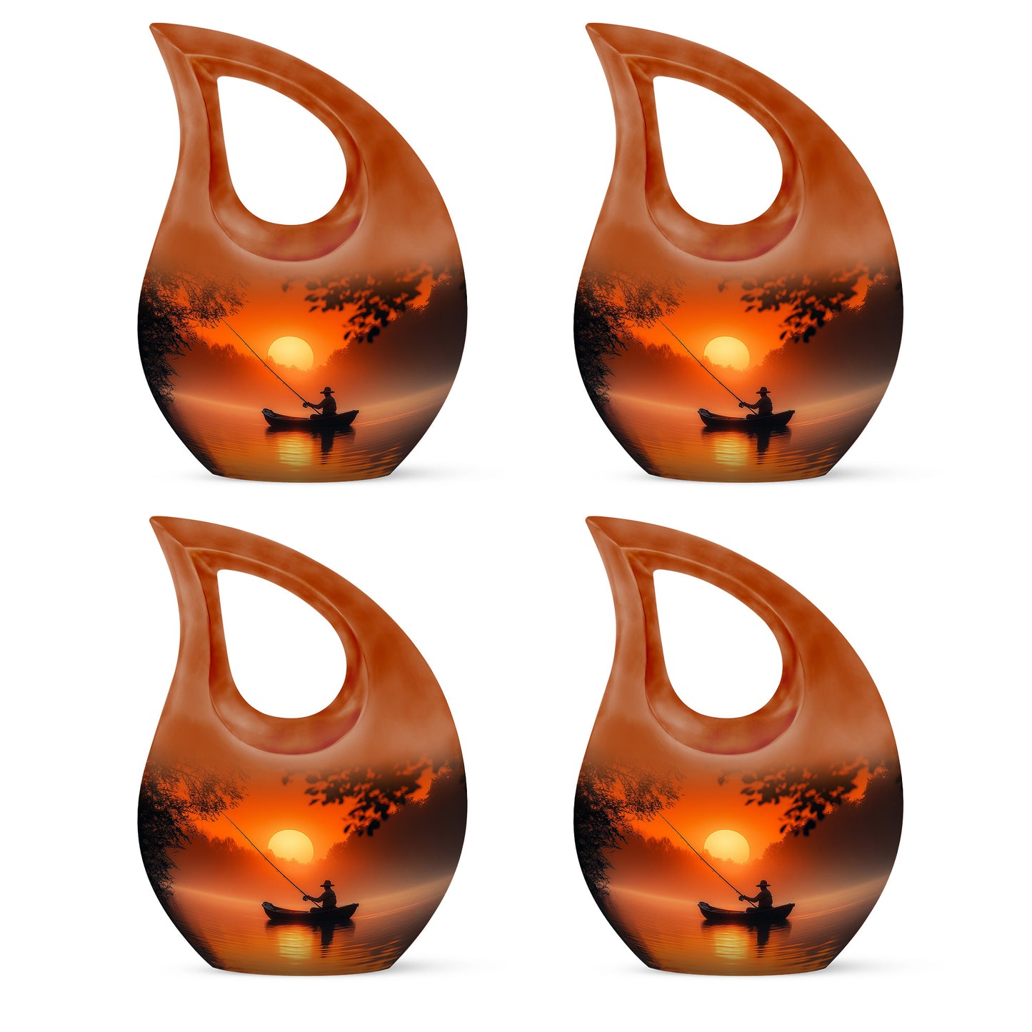 Amber Gold Fishing Cremation Urn lifestyle display on memorial shelf - sacred cross merged with fishing motif on metal - 10 inch aluminum urn for cremated remains
