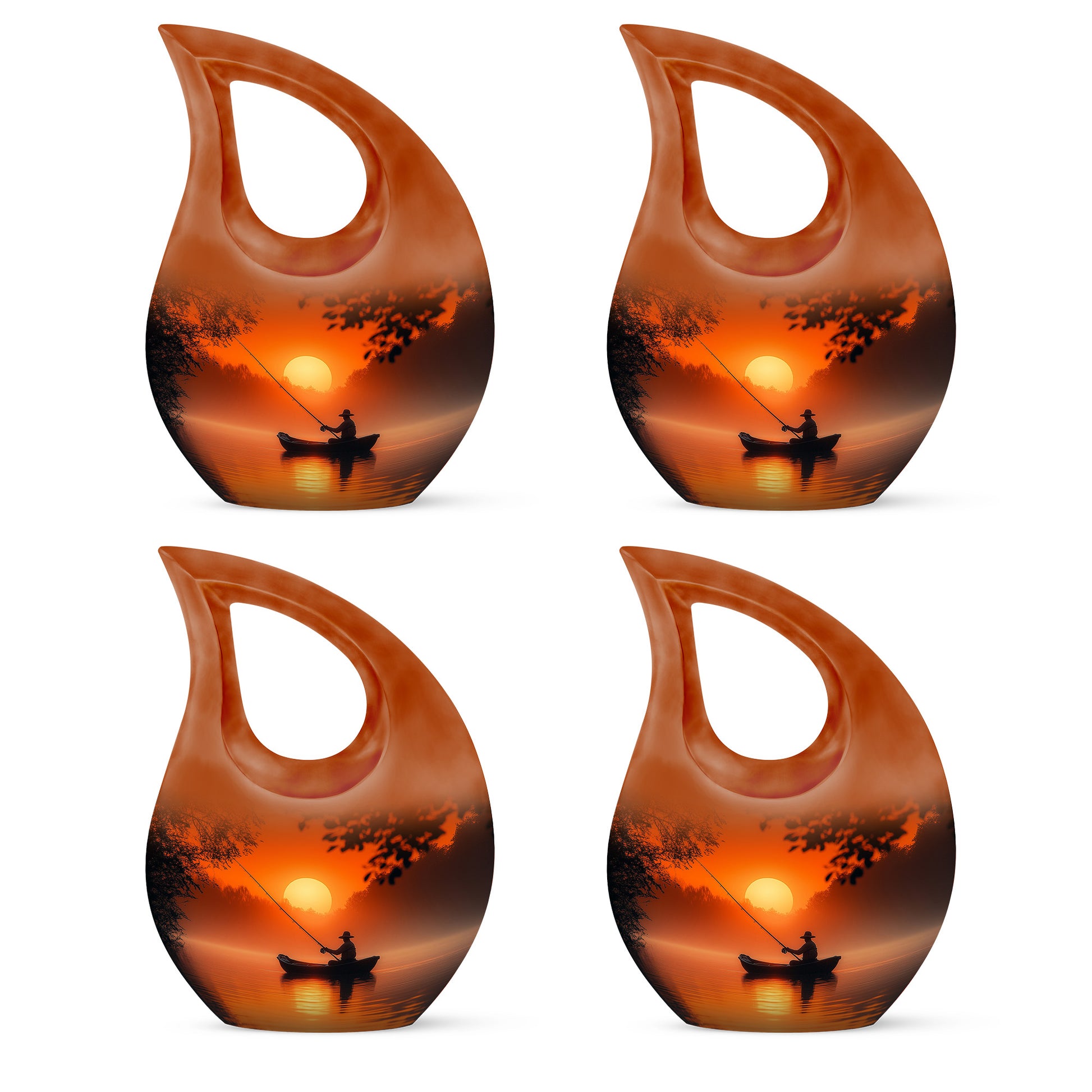 Amber Gold Fishing Cremation Urn lifestyle display on memorial shelf - sacred cross merged with fishing motif on metal - 10 inch aluminum urn for cremated remains